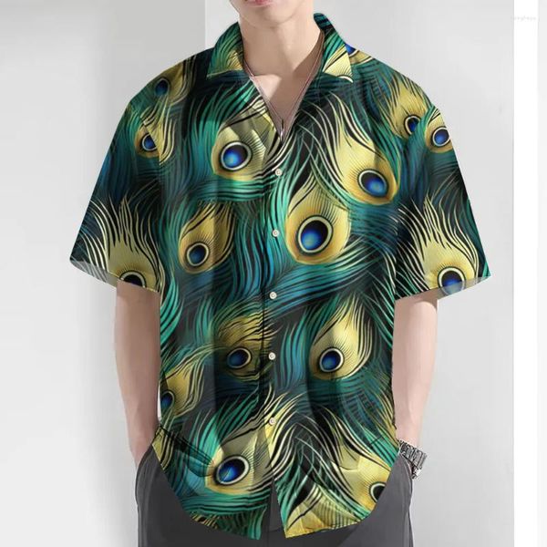 Camisas casuales para hombres camisa de verano 3d pavo real plumero estampado hawaiano para hombres ropa de hombre de gran hombre solapa de gran tamaño