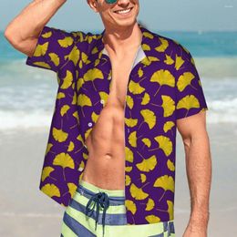Chemises décontractées pour hommes Shirt Summer Beach Ginkgo Biloba Print Blouses jaune et violet Elegant Mens Streetwear à manches courtes