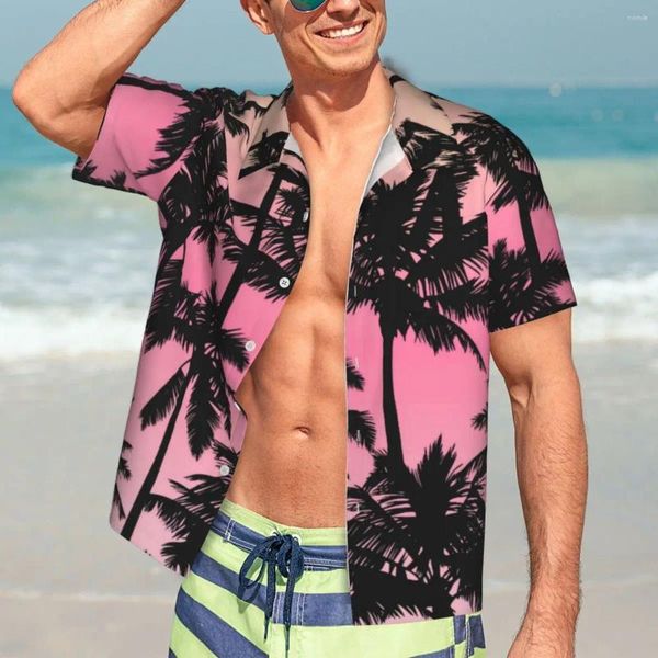 Chemises décontractées pour hommes Chemise d'été Plage Coucher de soleil Imprimé Blouses Palmier Rétro Homme Manches courtes Y2K Vêtements de rue