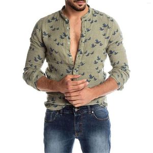 Chemises décontractées pour hommes Chemise d'été Coupe ajustée pour hommes T-shirt en coton et lin avec imprimé d'oiseaux Solide à manches longues Style européen américain