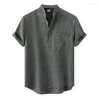 Chemises décontractées pour hommes chemise d'été hommes coton lin à manches courtes respirant couleur unie mode col montant simple boutonnage homme Blouse