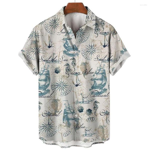 Chemises décontractées pour hommes Chemise d'été Graphiques nautiques Impression 3D Bouton de revers à manches courtes Hauts de plage Vêtements pour hommes surdimensionnés