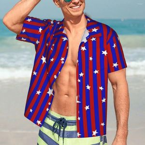 Chemises décontractées pour hommes Chemise d'été Étoiles de vacances et chemisiers rayés Rouge Bleu Lâche Mâle Manches courtes Vêtements confortables