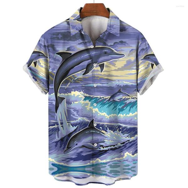 Camisas informales para hombre, camisa de verano con estampado de delfines y ballenas, ropa de alta calidad para exteriores, estilo callejero diario, tendencia clásica de manga corta