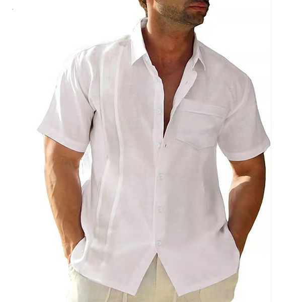 Chemises décontractées pour hommes Été à manches courtes Robe Guayabera T-shirt pour hommes Shorts cubains en coton Coupe régulière Col écarté Boutonné Tops de plage 230711