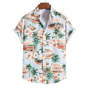 Chemises décontractées pour hommes été à manches courtes chemise hawaïenne Auto imprimé fleuri doux t-shirt Harajuku haut de plage surdimensionné pour hommes
