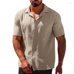 Camisas informales para hombre, camisa de manga corta de verano, Color sólido, cuello vuelto, algodón, lino, hombres, blusa de un solo pecho para hombre, Tops