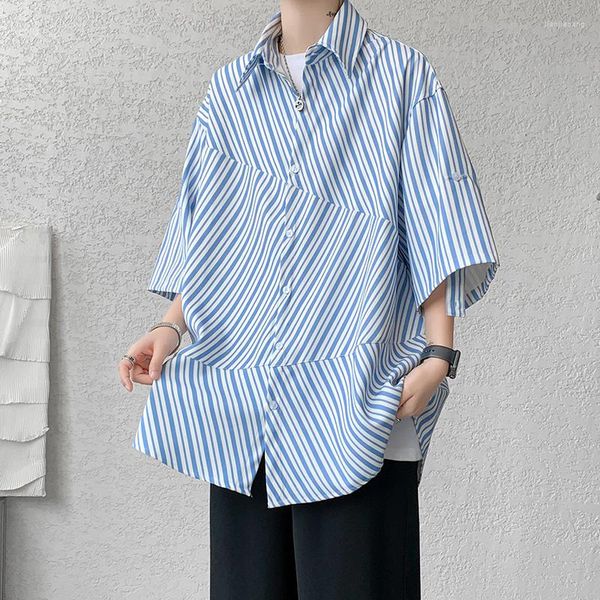 Hommes chemises décontractées été à manches courtes chemise hommes mode société hommes robe coréenne lâche glace soie surdimensionné rayure M-XL