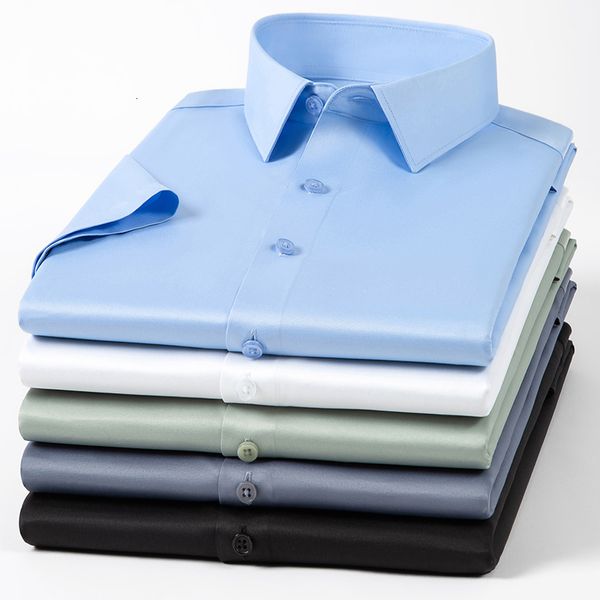 Chemises décontractées pour hommes Chemises en soie à manches courtes d'été pour hommes élastique couleur unie slim sapin chemise formelle vêtements de bureau d'affaires articles à siroter gratuitement top 230822