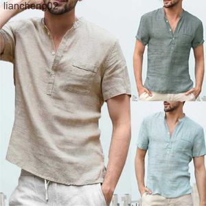 Chemises décontractées pour hommes Chemises d'été en lin à manches courtes T-shirt hip-pop décontracté pour hommes avec col montant Chemise à manches courtes solide Chemises d'affaires Top W0328