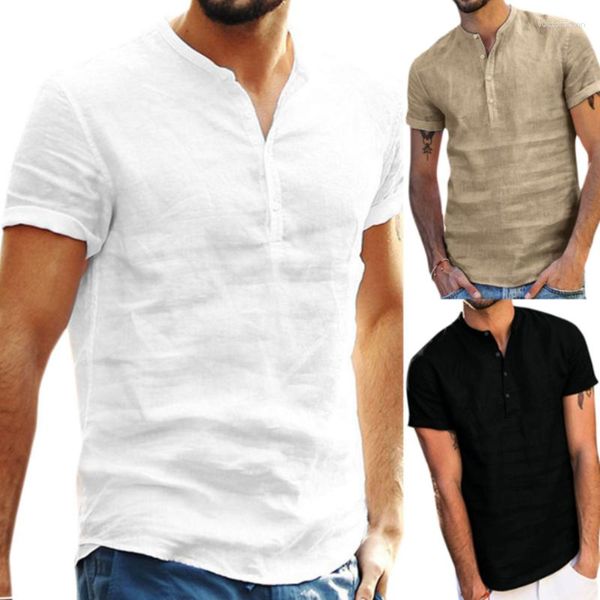 Chemises décontractées pour hommes T-shirt d'été à manches courtes en lin avec col montant Soild Shirt Buiness Top