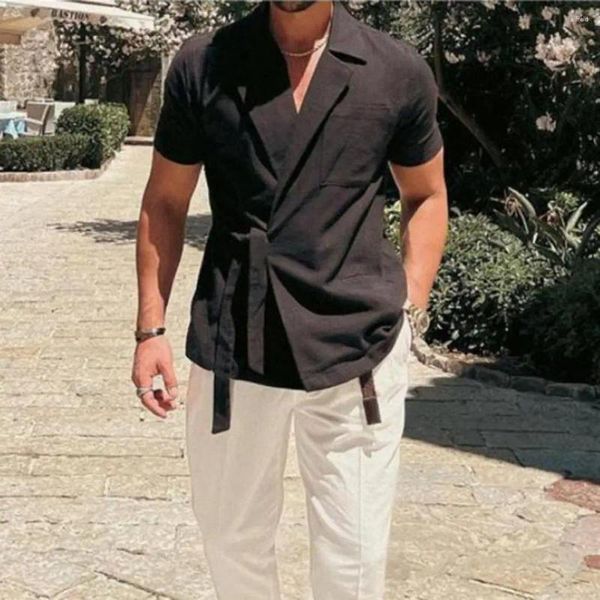 Chemises décontractées pour hommes Couleur solide de couleur masculine à manches à manches à manches à manches courtes masculines Français Gentleman élégant Lace Lace Up Cotton Tops Vêtements