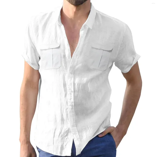 Chemises décontractées pour hommes, été, mode solide, coton et lin, manches courtes, revers ajusté avec poche poitrine