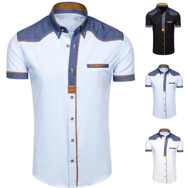 Camisas casuales de los hombres Camisa delgada de la solapa del remiendo del dril de algodón de la manga corta del botón cuadrado del verano