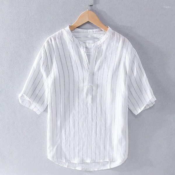 Camisas informales para hombre, camisa de manga corta con cuello alto a rayas de verano para hombre, fresca y transpirable japonesa