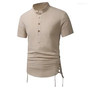 Chemises décontractées pour hommes T-shirt d'été en coton et lin à manches courtes col Henry solide en vrac mode respirant cordon de serrage design hauts