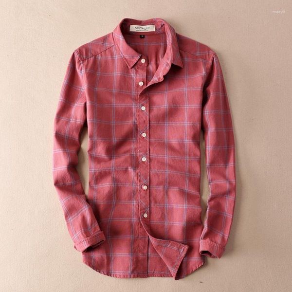 Camisas informales de verano para hombre, a cuadros finos, de calidad roja, de manga larga, de algodón y lino, a la moda, para hombre, TS-224