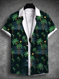 Chemises décontractées pour hommes, imprimé tropical d'été, plage hawaïenne, ensemble de vacances, plante, cocotier, T-shirt à manches courtes, tissu extensible dans 4 directions