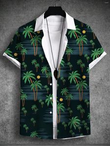 Camisas casuales para hombres Estampado tropical de verano Conjunto de vacaciones en la playa hawaiana Planta Árbol de coco Camiseta de manga corta Tejido elástico en 4 direcciones