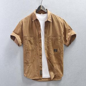 Chemises décontractées pour hommes vêtements de travail d'été chemise à manches courtes Streetwear Amekaji pur coton Double poches solide classique veste mâle