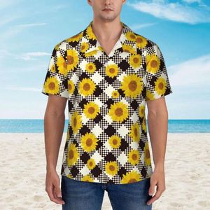 Chemises décontractées pour hommes Chemise de plage en damier de tournesol Mâle mignon été imprimé hawaïen à manches courtes graphique chemisiers surdimensionnés à la mode