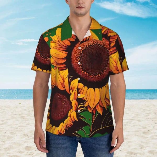 Camisas casuales para hombres Camiseta de playa estampada de girasol Men Amarillo Flores Amarillas Vawaian Cierre corta Customos Flouses de gran tamaño Idea de regalo