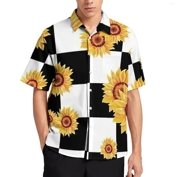 Camisas informales para hombre, camisa de vacaciones con girasoles, estampado de tablero de ajedrez, blusas hawaianas de calle para hombres, diseño de manga corta, Top de talla grande