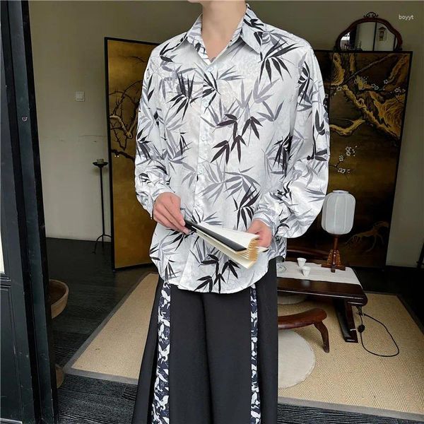 Chemises décontractées pour hommes Syuhgfa 2024 Summer Summer Clothing Men Style Chinois Bamboo Feuille Impression à manches longues