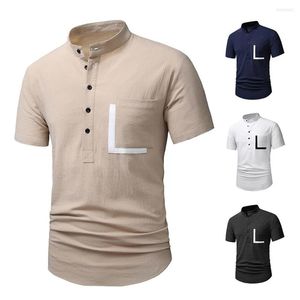 Camisas casuales para hombres Camiseta Blusa Botones para hombres Tops Slim Fit Moda Bolsillos sólidos Algodón Lino Cuello Bolsillo Color Camisa a juego