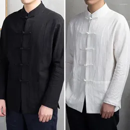 Camisas casuales para hombres Camisa de Tai Chi Estilo chino tradicional Cuello mandarín con bolsillos de manga larga Botón de disco Tang
