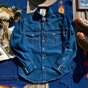 Vrijetijdsoverhemden voor heren Tailor Brando American Retro Heavyweight Shirt met lange mouwen Classic Pocket Flower Jewel Button Western Denim Slim Fit 230711