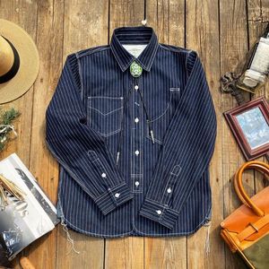 Casual herenoverhemden Tailor Brando T-7American Vintage Heavyweight 12.5oz Cotton Vertical Striped Denim Shirt Indigo Hundred Work Western