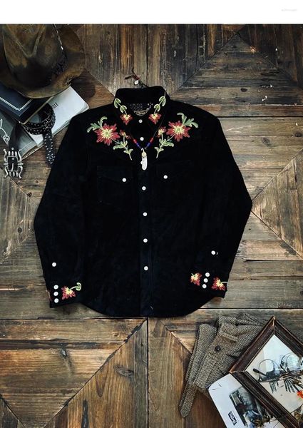 Chemises décontractées pour hommes Tailor Brando Zealand Not en revêtement Dye Crafted Suede Broidered Floral Musician Leather Shirt