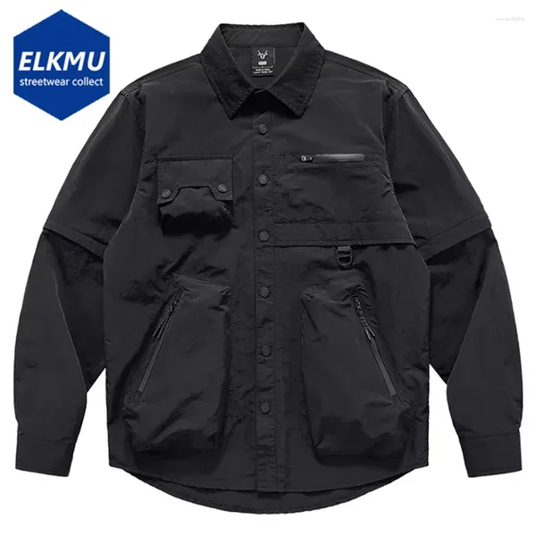 Camisas informales para hombres Techwear táctico Cargo bolsillos grandes manga larga abotonada blusa hombres negro suelto Harajuku Hip Hop Streetwear