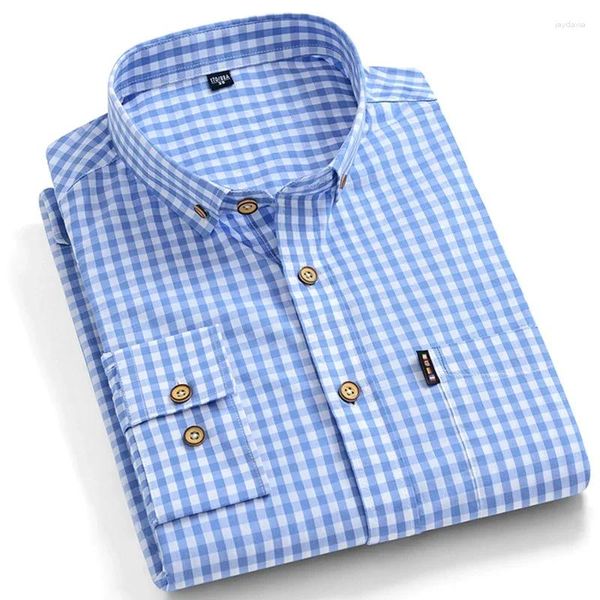 Camisas casuales para hombres Tela escocesa de algodón fino para hombres Camisa de vestir a cuadros de ajuste regular de manga larga para hombre azul suave cómodo masculino