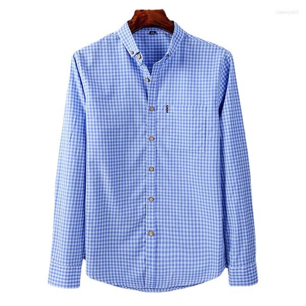 Camisas informales para hombre, camisa de vestir a cuadros de manga larga a cuadros de algodón fino para hombre, ropa azul abotonada