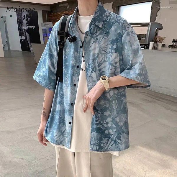 Camisas casuales para hombres Tie-Dye Hombres Baggy Media manga Cuello vuelto Acogedor Verano Ocio Estilo coreano Guapo Estética avanzada Prevalente