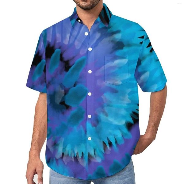 Camisas casuales para hombres Tie Dye Spiral Swirl Beach Shirt Azul y púrpura Verano Masculino Blusas de moda Manga corta Ropa personalizada 3XL 4XL