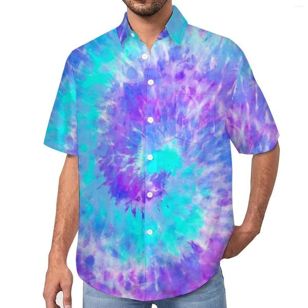 Camisas casuales para hombres Tie Dye Swirl Camisa de playa azul y púrpura Blusas divertidas de verano Hombre impreso 3XL 4XL