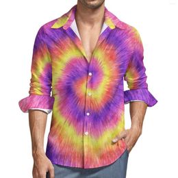 Camisas casuales para hombres Tie Dye Swirl Shirt Primavera Retro Rosa Lila Amarillo Streetwear Blusas Manga larga Ropa impresa Tamaño grande 3XL 4XL