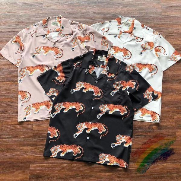 Chemises décontractées pour hommes Tiger Full Print Hawaii Beach Style Pocket Thin Wacko Maria Hommes Femmes Haute Qualité Revers Shirt Top Avec Étiquette