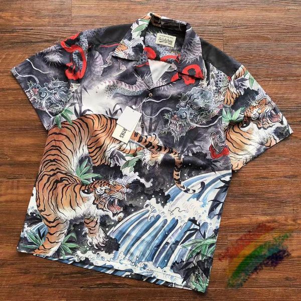 Chemises décontractées pour hommes Tiger Full Print Wacko Maria Hommes Femmes 1: 1 Tags Loose Hawaii Beach Style Revers Shirt