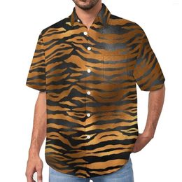Chemises décontractées pour hommes Tiger Print Stripes Blouses Mens Glam Noir et Or Été Manches courtes Tendance Surdimensionné Chemise de plage Idée cadeau