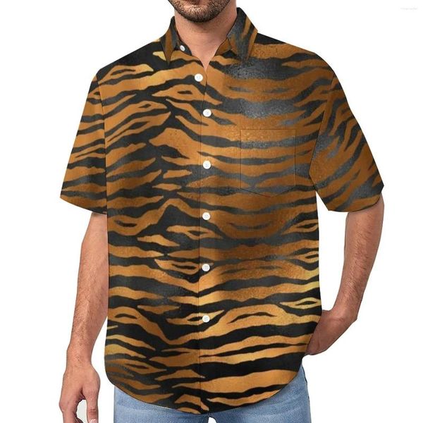 Camisas casuales para hombres Blusas de rayas con estampado de tigre para hombre Glam negro y dorado Mangas cortas de verano Camisa de playa de gran tamaño de moda Idea de regalo