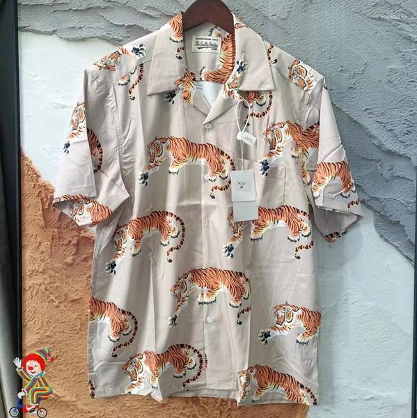 Camisas casuales para hombres tigre estampado wacko maria real po etiqueta original de alta calidad pareja hawaiian manga corta bolsillo