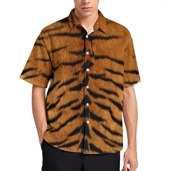 Camisas informales para hombre, camisa de playa con estampado de piel de tigre para hombre, blusas de gran tamaño de moda personalizadas de manga corta con animales modernos hawaianos, regalo