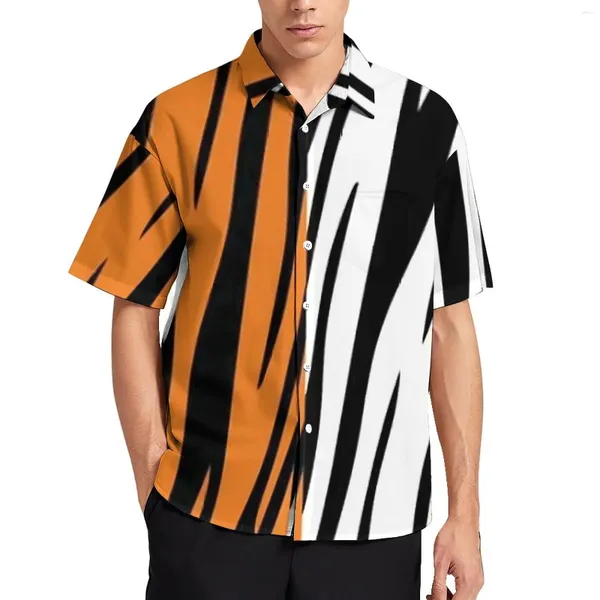 Camisas casuales para hombres Blusas de rayas de tigre Hombres Impresión de dos tonos Hawaii Diseño de manga corta Moda Camisa de playa de gran tamaño Regalo