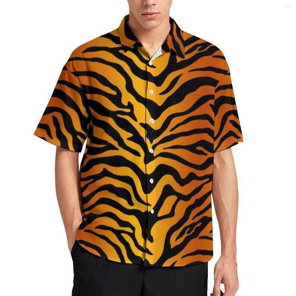 Chemises décontractées pour hommes Rayures de tigre Chemise de vacances jaune Imprimé animal Hawaï Hommes Tendance Blouses Manches courtes Tops graphiques Taille Plus