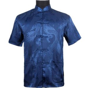 Chemises décontractées pour hommes Top Bleu marine Chemise en satin de soie Chinois Vintage Vêtement à manches courtes Tang Costume S M L XL XXL XXXL263S