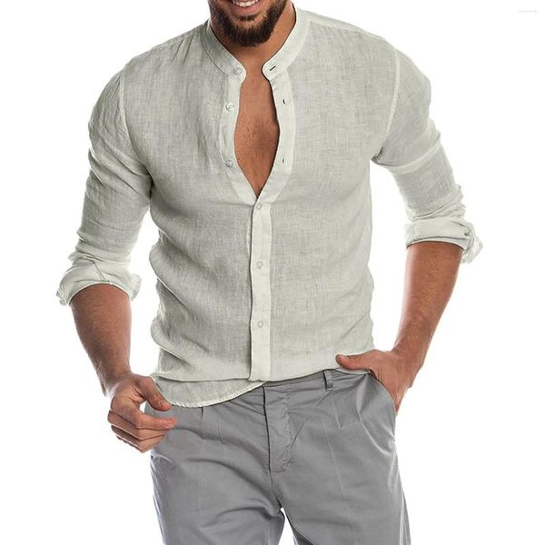 Camisas informales para hombre, Top de Color sólido, blusa de manga larga con botones, camisa de vestir para playa con cuello redondo, jerséis Harajuku Henley con cuello redondo